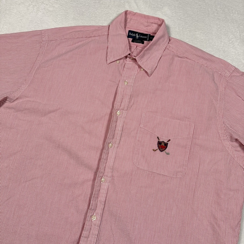 Ralph Lauren Shirt Mens XL Red White Striped Tilden Crest Golf Logo Short Sleeve